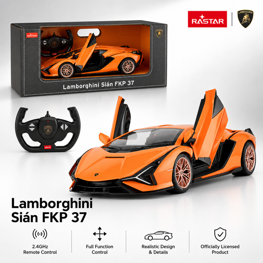 Rastar 1:14 Lamborghini Sian FKP 37 RC car product feature tile showing the orange car alongside its retail packaging box and steering wheel controller, with icons for 2.4 GHz remote control, full function control, realistic design, and official Lamborghini licensing.