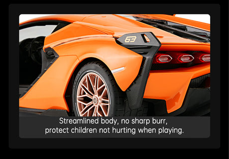 Detail closeup of the rear quarter panel of the Rastar 1:14 Lamborghini Sian FKP 37 RC car in orange, showing the rose-gold alloy wheel, carbon-effect body panels, hexagonal tail lights, and the "63" emblem, with caption "Streamlined body, no sharp burr, protect children not hurting when playing."