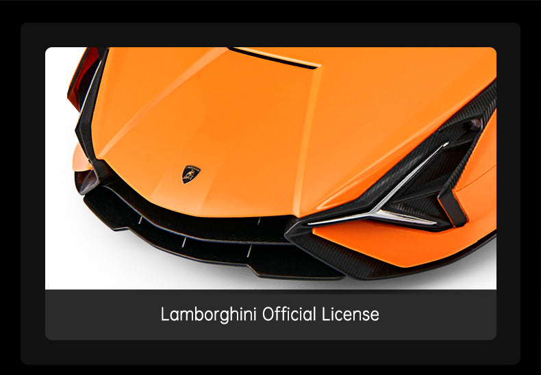 Detail closeup of the front hood area of the Rastar 1:14 Lamborghini Sian FKP 37 RC car in orange, showing the Lamborghini bull badge and angular LED headlight design, with "Lamborghini Official License" caption confirming the product is officially licensed.