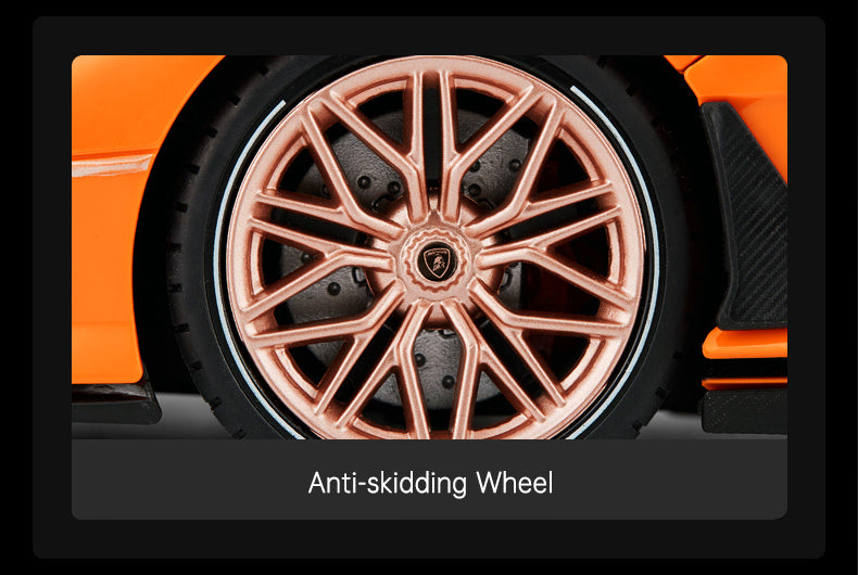 Close-up detail image of the rose-gold multi-spoke alloy wheel on the Rastar 1:14 Lamborghini Sian FKP 37 RC car, with "Anti-skidding Wheel" caption highlighting the textured tyre design for improved grip.