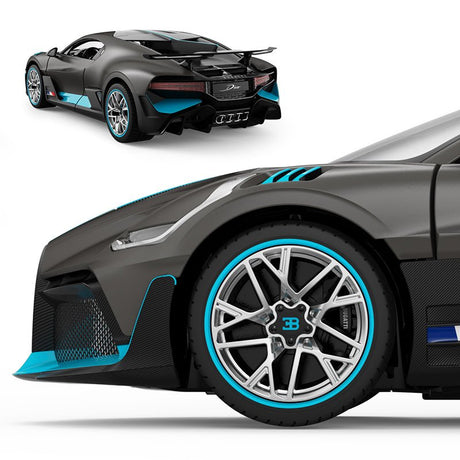 Composite detail image of the Rastar 1:14 Bugatti Divo RC car showing a small rear 3/4 overview (top) and a large closeup of the front wheel and lower front bodywork (bottom). The Bugatti-branded multi-spoke alloy wheel with teal rim accent, carbon-effect lower air intake, and teal sill detail are highlighted.
