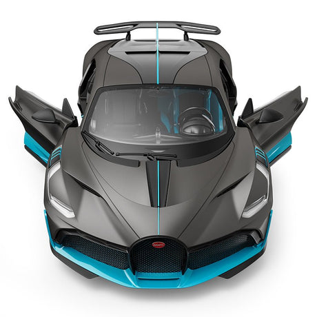 Rastar 1:14 Bugatti Divo RC car in matte grey with teal/blue accents viewed directly from above with both doors open. The top-down shot highlights the distinctive central engine cover fin, louvred rear deck, and the full extent of the wide racing body.