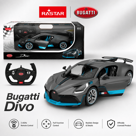 Rastar 1:14 Bugatti Divo RC car retail packaging and product composite showing the branded box alongside the car with door open and the Bugatti-logo steering wheel controller. Feature icons confirm 2.4GHz remote control, full function control, realistic design, and officially licensed status; "Bugatti Divo" model name is printed on the box.