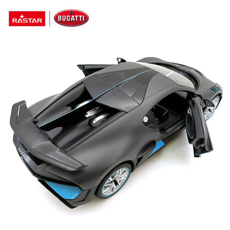 Rastar 1:14 Bugatti Divo RC car in matte grey with teal/blue accents shown in strict side profile with door open. The Bugatti Divo's sharply creased flanks, French tricolour side badge, blue lower sill accent, and large rear wing are fully visible.