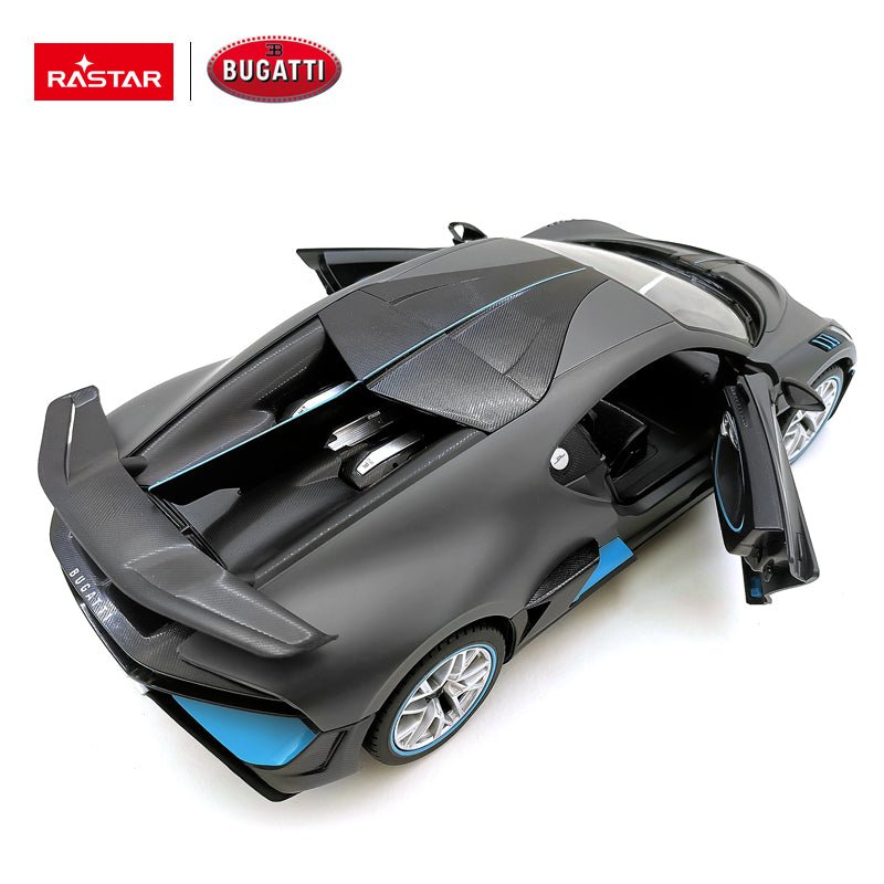 Rastar 1:14 Bugatti Divo RC car in matte grey with teal/blue accents shown in strict side profile with door open. The Bugatti Divo's sharply creased flanks, French tricolour side badge, blue lower sill accent, and large rear wing are fully visible.