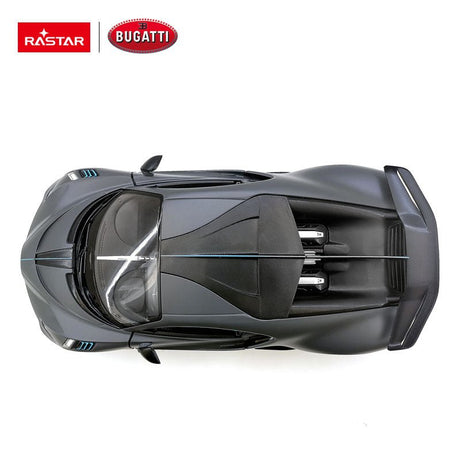 Rastar 1:14 Bugatti Divo RC car shown in a composite image featuring front-on view with LED headlights illuminated (bottom) and rear-on view with LED tail lights glowing (top), in matte grey with teal accents. The rear panel clearly shows the "Divo" script badge and quad exhaust outlets.