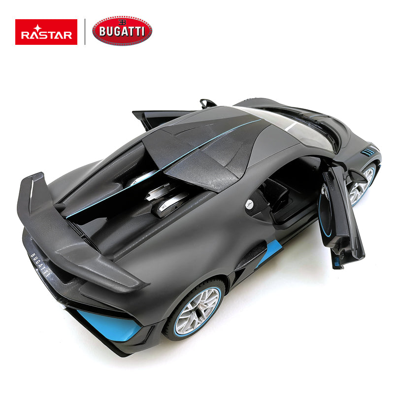 Rastar 1:14 Bugatti Divo RC car in matte grey with teal/blue accents shown in strict side profile with door open. The Bugatti Divo's sharply creased flanks, French tricolour side badge, blue lower sill accent, and large rear wing are fully visible.