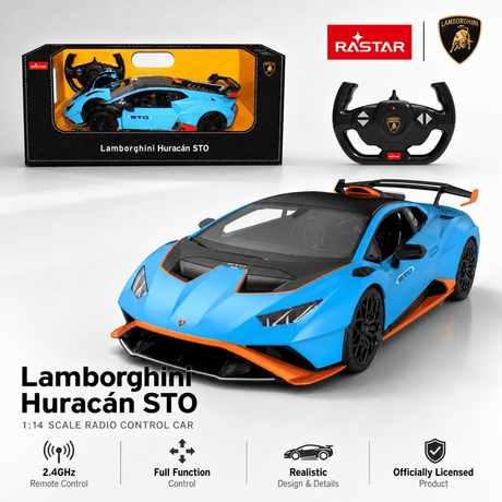 Rastar 1:14 Lamborghini Huracan STO RC car product overview showing the official retail box, the Lamborghini-branded steering wheel controller, and a front 3/4 view of the sky blue and orange car. Text confirms it is a 1:14 scale radio control car with 2.4GHz full function control, realistic design, and officially licensed product status.