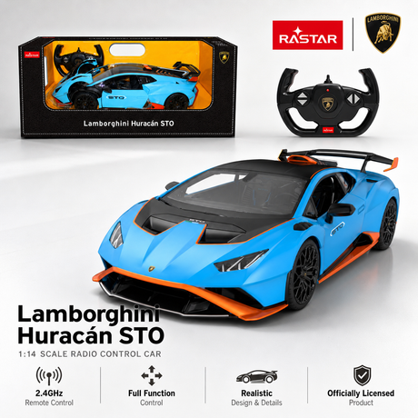 Rastar 1:14 Lamborghini Huracan STO RC car product overview showing the official retail box, the Lamborghini-branded steering wheel controller, and a front 3/4 view of the sky blue and orange car. Text confirms it is a 1:14 scale radio control car with 2.4GHz full function control, realistic design, and officially licensed product status.