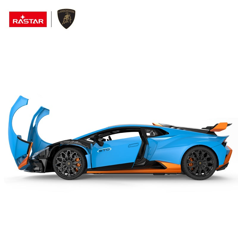 Rastar 1:14 Lamborghini Huracan STO RC car in sky blue with orange accents shown in strict left side profile with both doors open in scissor style. The full length of the car, STO door graphics, Lamborghini badged multi-spoke black wheels, and rear wing profile are all visible.