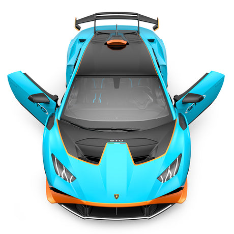 Rastar 1:14 Lamborghini Huracan STO RC car in sky blue with orange accents viewed from directly above with both doors open wide. The overhead shot shows the carbon-look hood, full roof panel, open interior cabin, wide rear wing, and Lamborghini Huracan STO graphics layout.