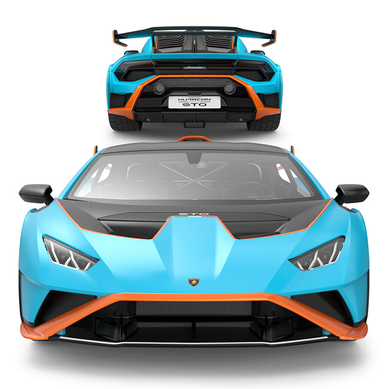 Composite image of the Rastar 1:14 Lamborghini Huracan STO RC car showing front-on view (bottom) and rear-on view (top) in sky blue with orange accents. The front view highlights the angular headlights and bold front splitter; the rear view shows the "Huracan STO" badge, central diffuser, and dual exhaust outlets.