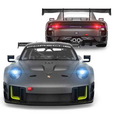 Composite image of the Rastar 1:14 Porsche 911 GT2 RS Clubsport 25 RC car showing a front-on view with LED headlights fully illuminated in bright blue/white (bottom) and a rear-on view with red LED tail lights lit (top). Both views are on a white background highlighting the light-up feature.