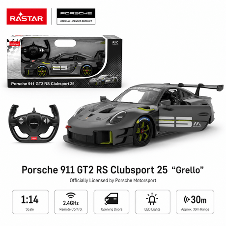 Rastar 1:14 Porsche 911 GT2 RS Clubsport 25 "Grello" RC car product summary panel showing the car beside its retail box and controller. Key specs confirmed: 1:14 scale, 2.4GHz remote control, opening doors, LED lights, approximately 30m range, and officially licensed by Porsche Motorsport.