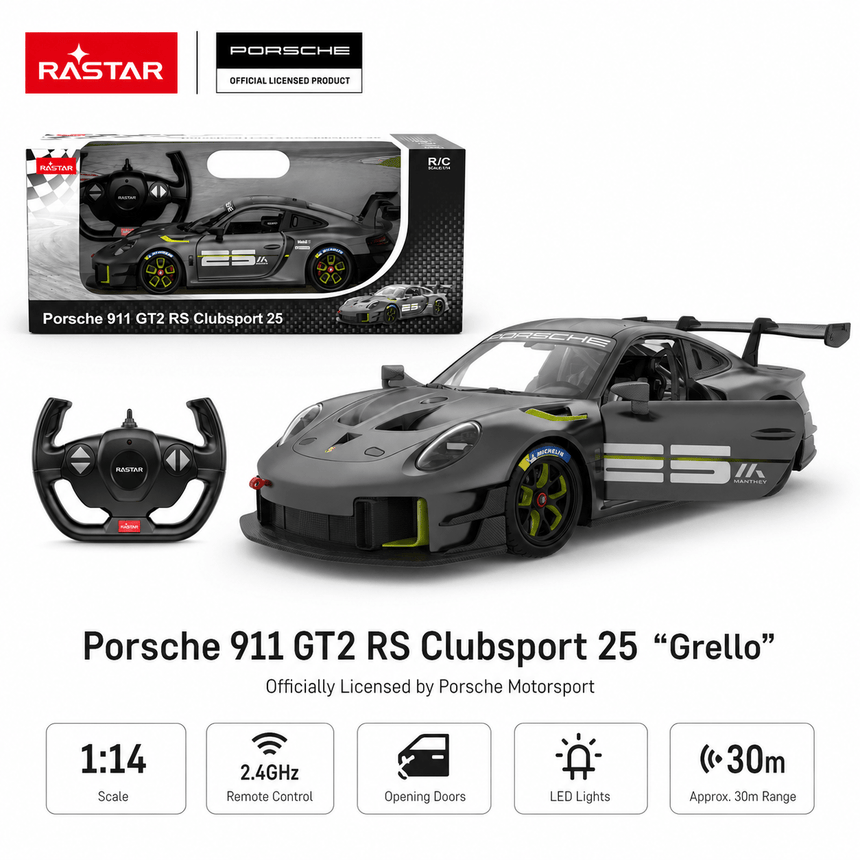 Rastar 1:14 Porsche 911 GT2 RS Clubsport 25 "Grello" RC car product summary panel showing the car beside its retail box and controller. Key specs confirmed: 1:14 scale, 2.4GHz remote control, opening doors, LED lights, approximately 30m range, and officially licensed by Porsche Motorsport.