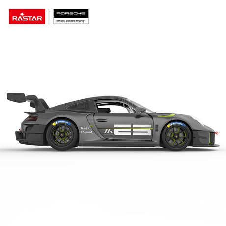 Rastar 1:14 Porsche 911 GT2 RS Clubsport 25 RC car in matte dark grey with neon green accents shown in strict right side profile. The opposite side displays the Manthey "25" livery graphics, Michelin tyre branding, green-accented alloy wheels, and the sweeping carbon rear wing from a clean side-on view.