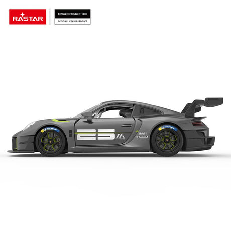 Rastar 1:14 Porsche 911 GT2 RS Clubsport 25 RC car in matte dark grey with neon green accents shown in strict left side profile. The full Manthey Racing "25" livery with Michelin and Mobil 1 sponsor logos, green-spoke wheels, large carbon rear wing, and GT2 RS Clubsport body lines are all visible.