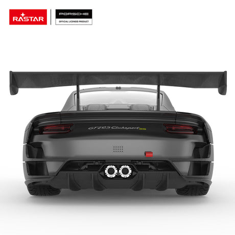 Rastar 1:14 Porsche 911 GT2 RS Clubsport 25 RC car in matte dark grey with neon green accents shown rear-on. The rear view features the large carbon twin-element rear wing, "GT2 RS Clubsport 25" rear badge, twin exhaust outlets, carbon diffuser, and subtle LED tail light strip.