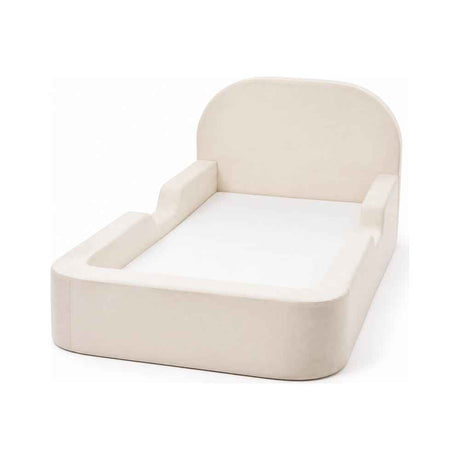 Beige Cloudnest foam toddler bed, angled view with rounded headboard and side rails