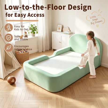 Girl climbing into low forest green Cloudnest floor bed for easy independent access