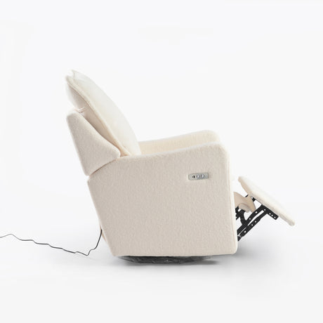 Luna electric nursing chair reclined, side view showing the power cord and swivel base