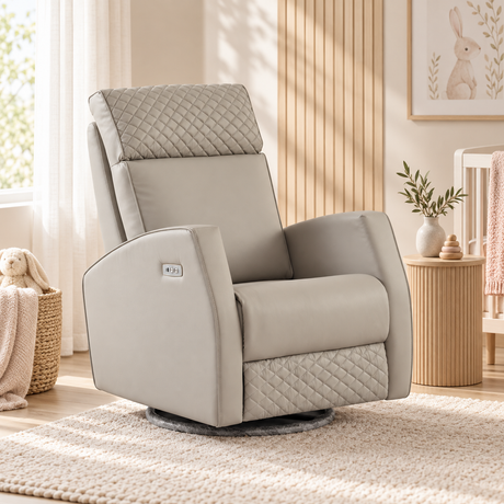 Marlo light grey nursery recliner chair upright in a nursery setting