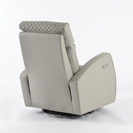 Marlo nursery recliner chair in light grey seen from behind, with a quilted headrest and the arm control panel