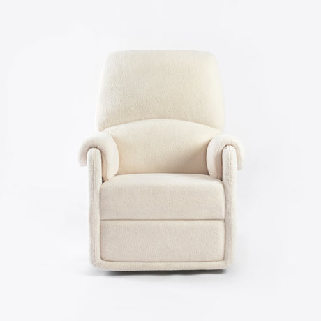 Ivory glider recliner side view showing the flared padded arm