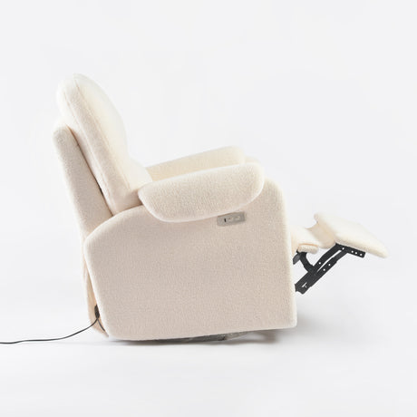 Ivory glider recliner fully reclined, side view showing the swivel base