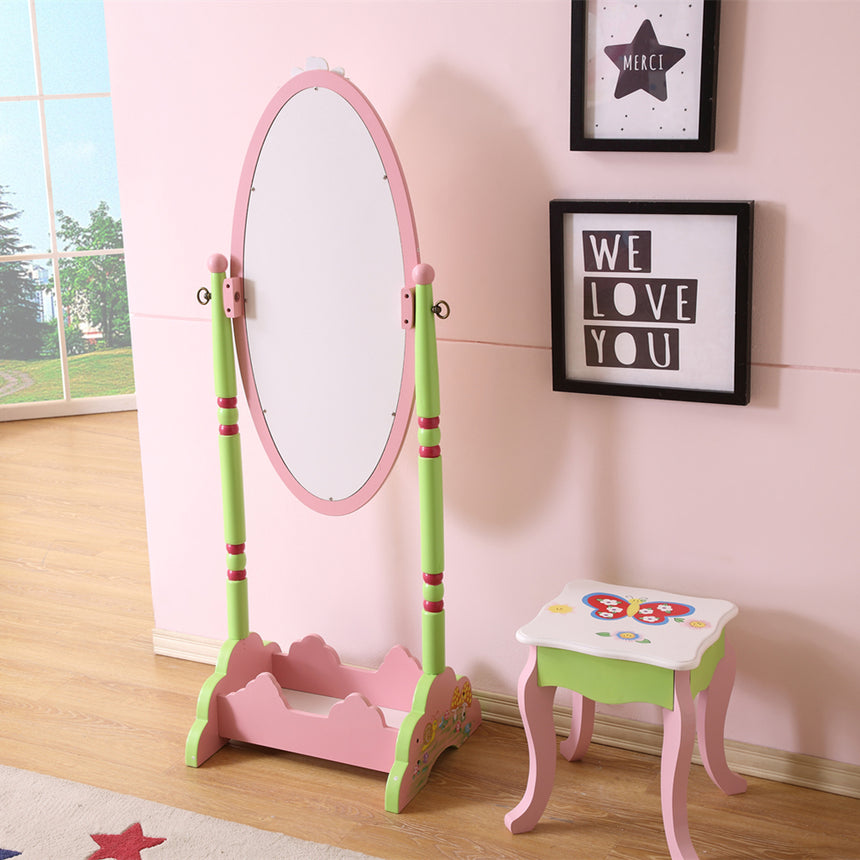 Kids fairy standing mirror with lower storage shelf