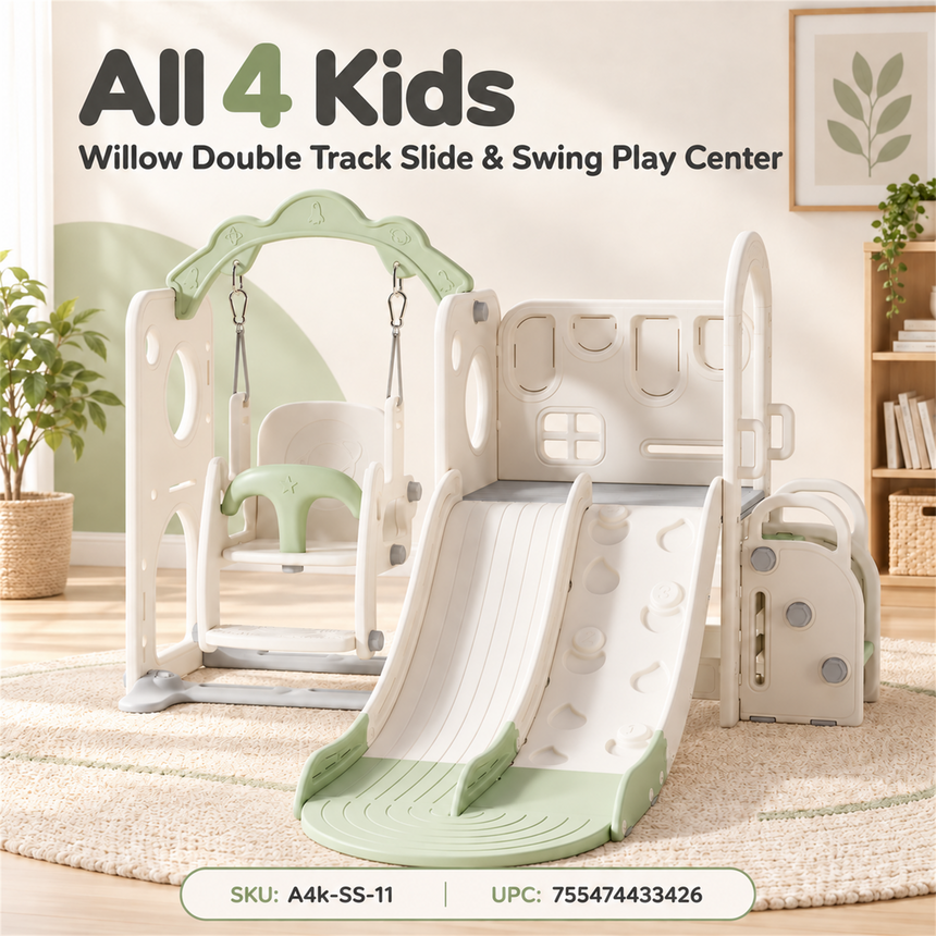 All 4 Kids Willow Double Track Slide & Swing Play Center - toddler indoor/outdoor slide, swing and climbing play centre