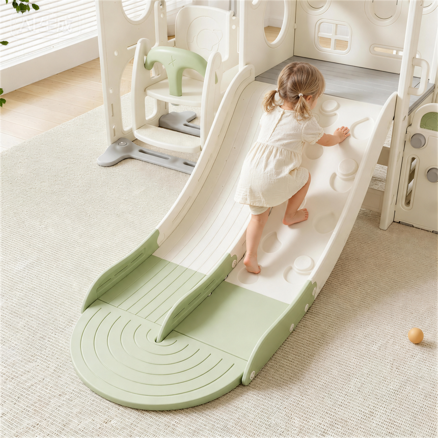 Willow Double Track Slide & Swing Play Center styled in a Scandi-style kids playroom