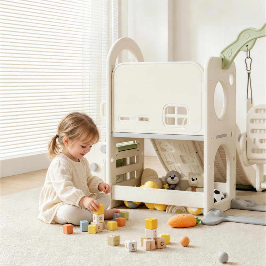 Willow Double Track Slide & Swing Play Center in a toddler bedroom play area