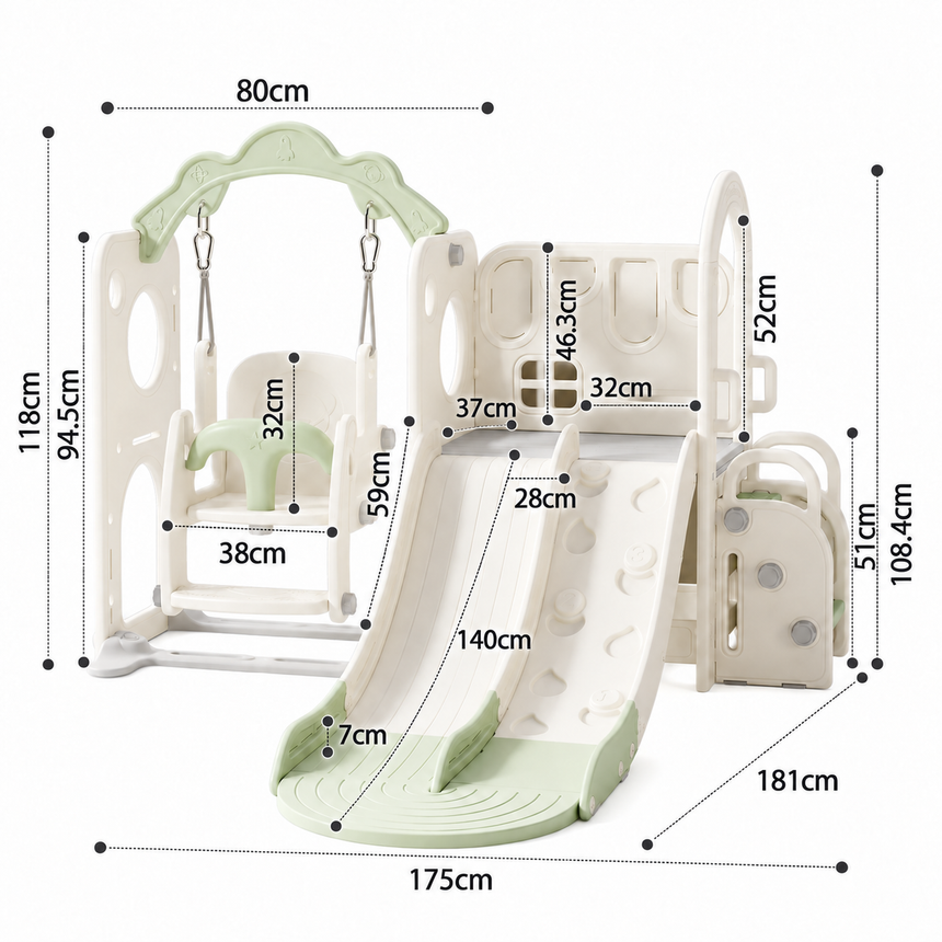 Willow Double Track Slide & Swing Play Center dimensions diagram showing slide, swing and climbing frame measurements