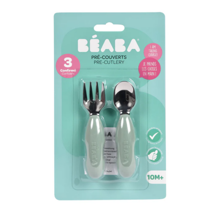Beaba Fork & Spoon Stainless Steel Pre-Cutlery - Sage Green