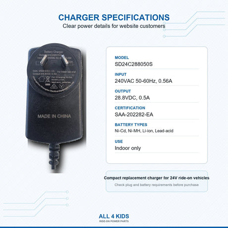 24V ride-on car charger specifications 28.8V DC 0.5A output