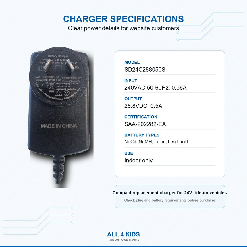 24V ride-on car charger specifications 28.8V DC 0.5A output
