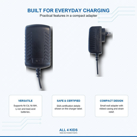 24V ride-on car charger features including LED charge indicator