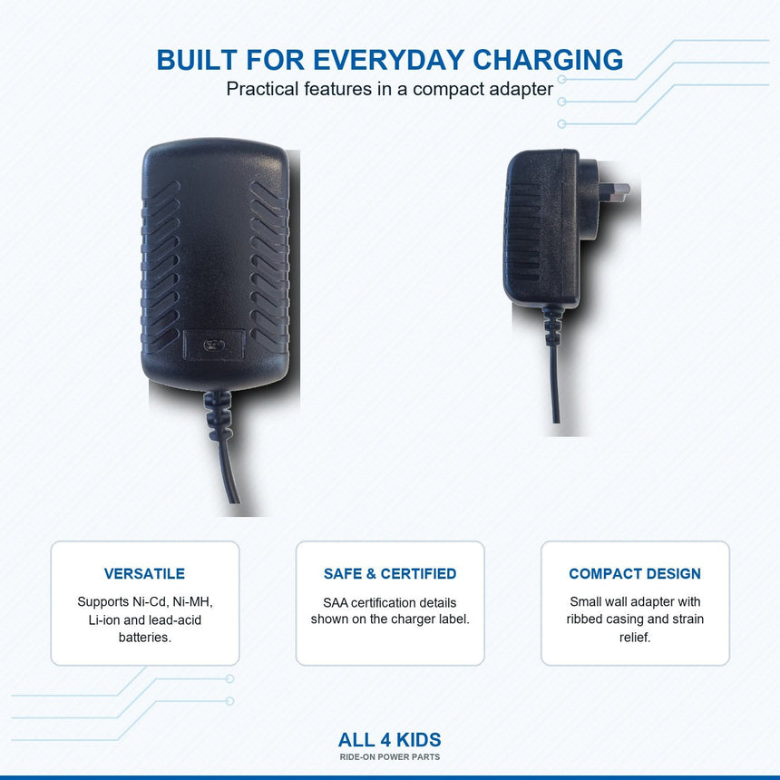 24V ride-on car charger features including LED charge indicator