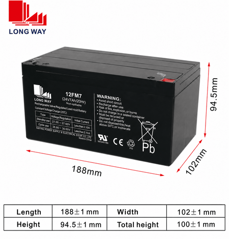 Longwei 24V 7Ah ride-on battery showing F2 spade terminals and dimensions