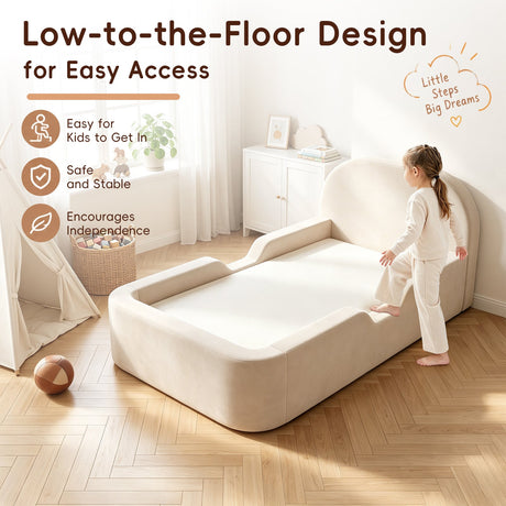 Girl climbing into low beige Cloudnest floor bed for easy independent access
