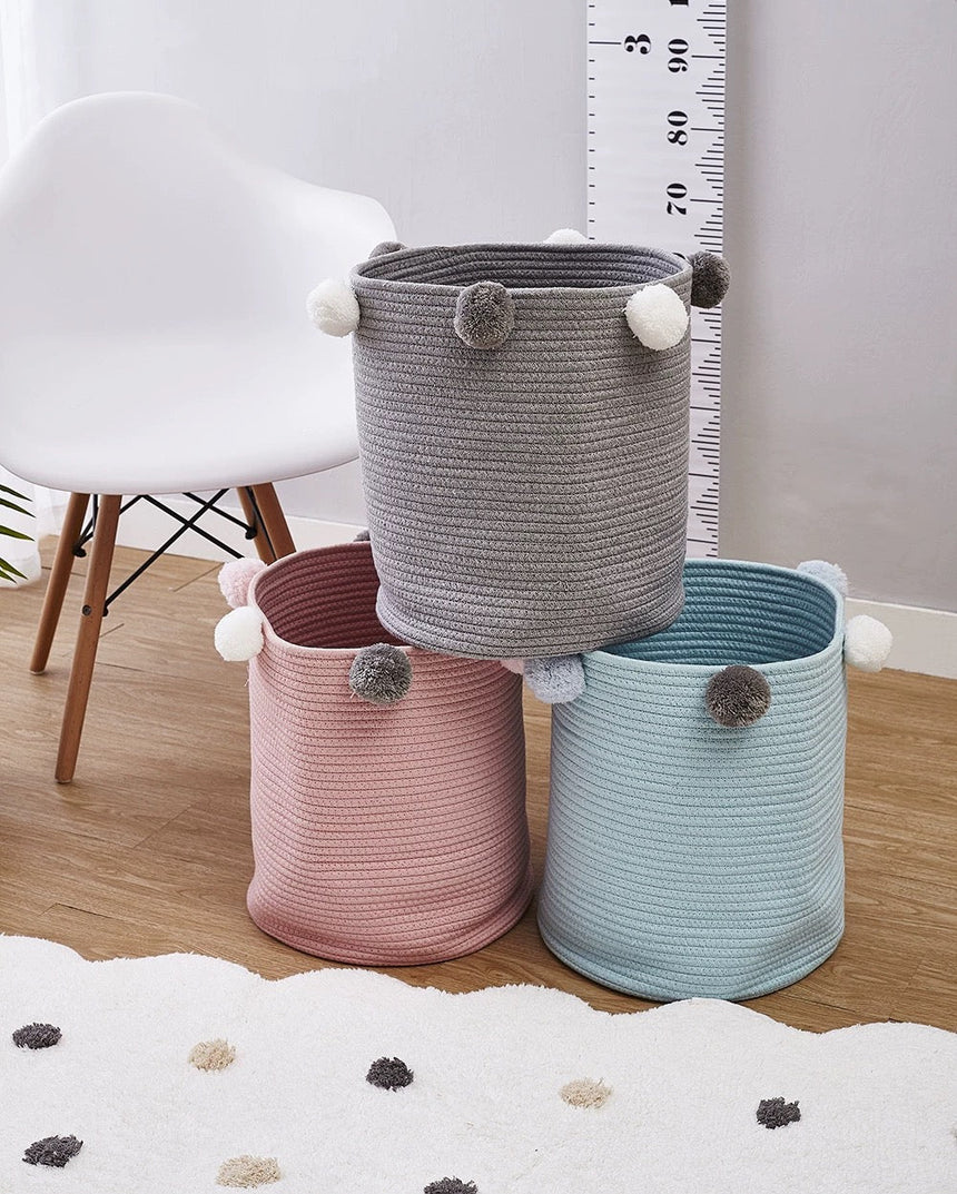 All 4 Kids Cotton Woven Storage Basket with Pom Poms - Blue