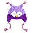 Light purple and purple kids owl beanie hat with ear flaps and braided tassels on white background