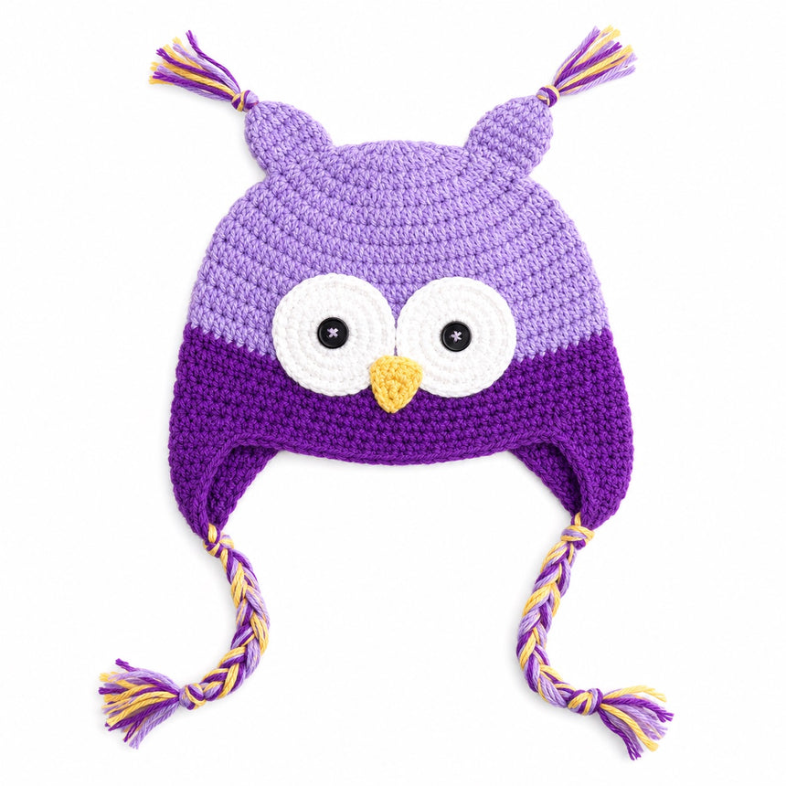 Light purple and purple kids owl beanie hat with ear flaps and braided tassels on white background