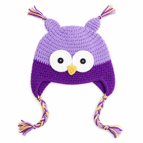 Light purple and purple kids owl beanie hat with ear flaps and braided tassels on white background