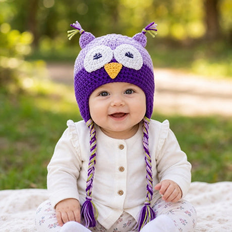 Baby wearing light purple and purple knitted owl beanie hat outdoors
