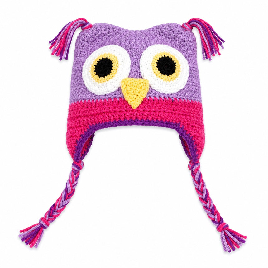 Light purple and rose crochet owl beanie hat for babies, toddlers and kids