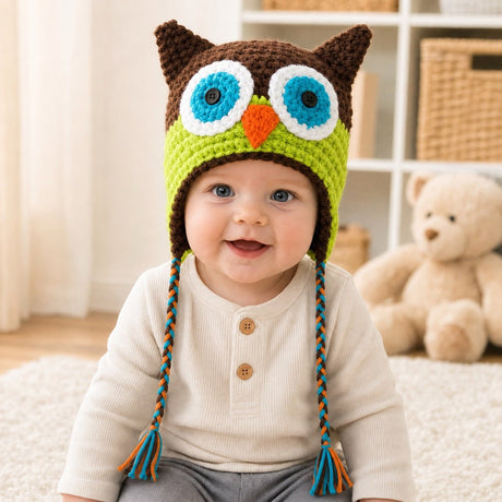 Baby wearing brown and green owl beanie hat with thinner braided ties