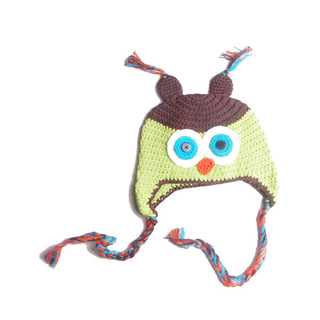 Brown and green crochet owl beanie hat for babies, toddlers and kids
