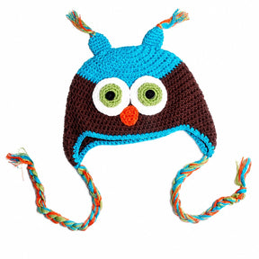 Blue and coffee crochet owl beanie hat for babies, toddlers and kids